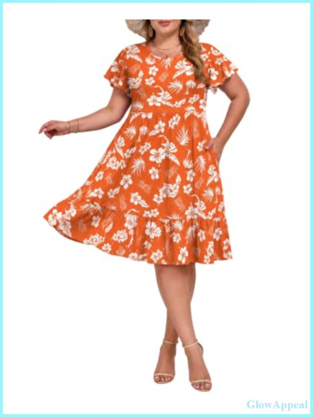 Plus Size Casual Midi Dress Flowy Ruffle Short Sleeve with Pockets